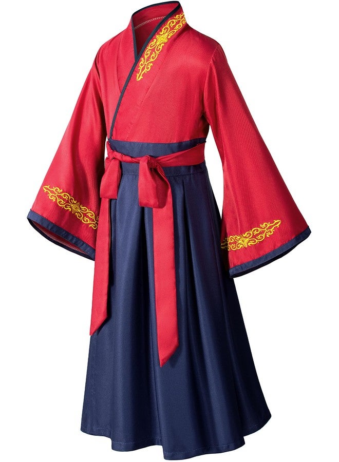 Elibelle Asian Traditional Dress Kimono Robe for Kids Girls Costume Silk Folding Fans hairstick Cosplay（Red Navy 150cm - Image 5